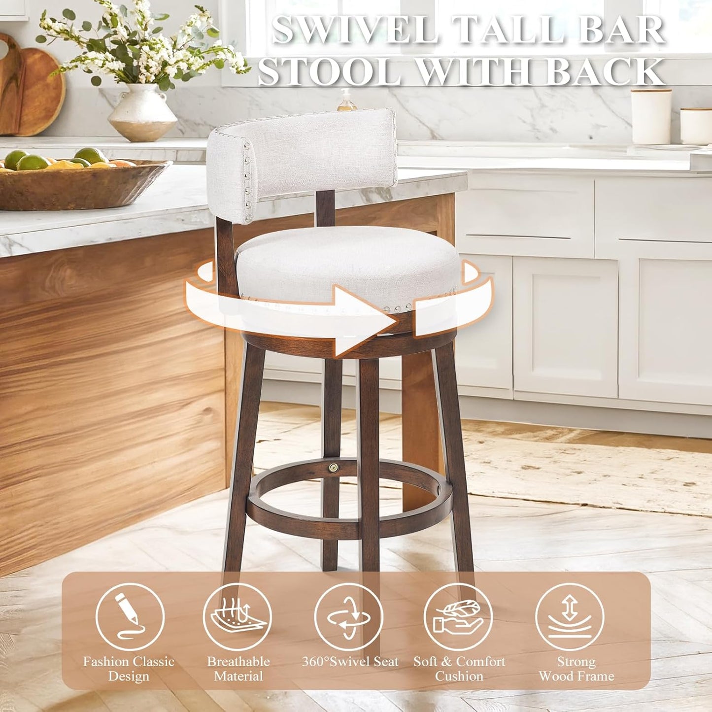 COLAMY Swivel Bar Stools Set of 2, 30 Inch Swivel Bar Height Bar Stools, Wood Swivel Barstools with Back, Modern Upholstered Wooden Barstools for Kitchen Island Dining Room Bar, Beige