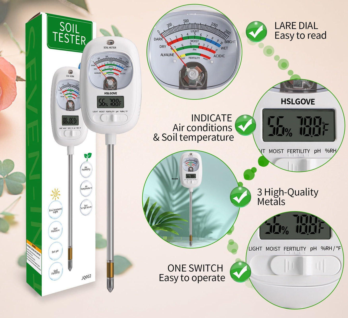 HSLGOVE Soil Test Kit, 7-in-One Soil Moisture Meter/Soil PH Meter/Fertility, Dual Screen Soil Tester w/Digital Soil Temp/Air Temp&Humidity for Plants Gardening,Lawn,Farm Indoor&Outdoor-Mint Green