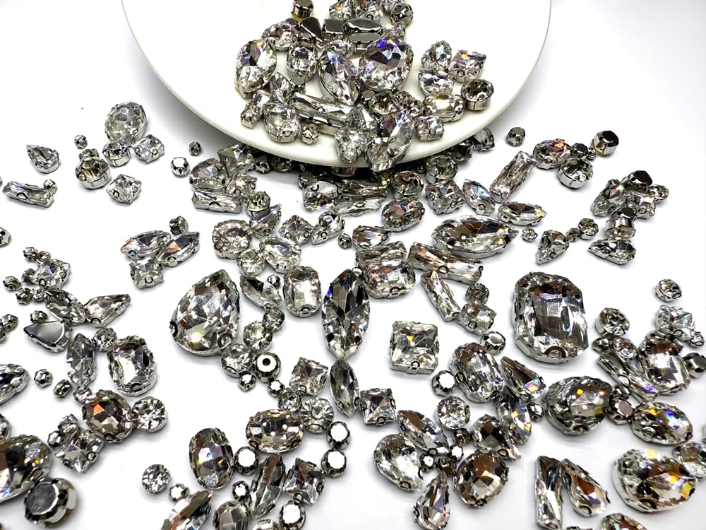 260 PCS/Pack 9 Shapes 24 Sizes Mixed Clear Crystals, Silver Sew on Glass Rhinestones,Crystal Gems Mental Flatback with Silver Claw, for Jewelry Crafts Costume DIY Garment