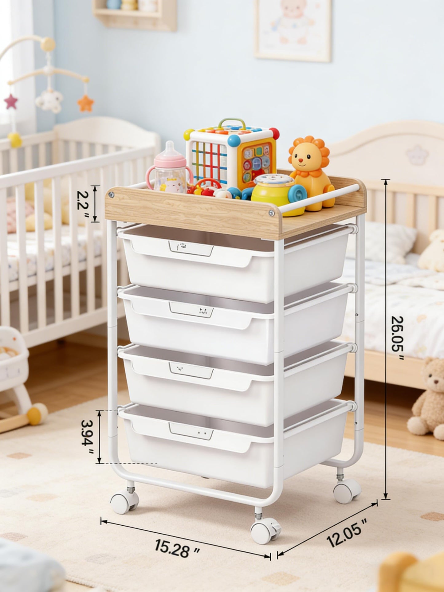 Rolling Craft Storage Cart with 4 Drawers,Utility Cart with Drawers,Art Craft Organizers and Storage,Kids Craft Cart,Kids Art Cart With DIY Lable and Wooden Tabletop Area,White
