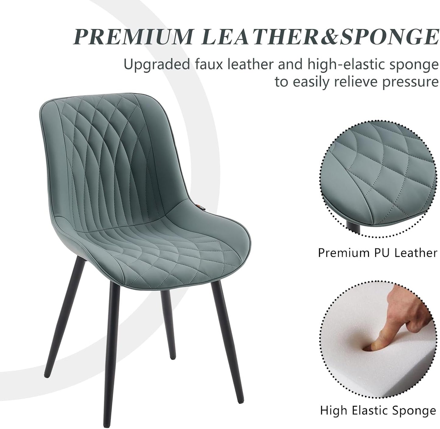 YOUNIKE Dining Chairs Set of 2 with High Back Mid Century Modern Kitchen & Dining Room Chairs PU Faux Leather Upholstered Wide Comfortable Padded Accent Chair for Living Room Bedroom Greyish Green
