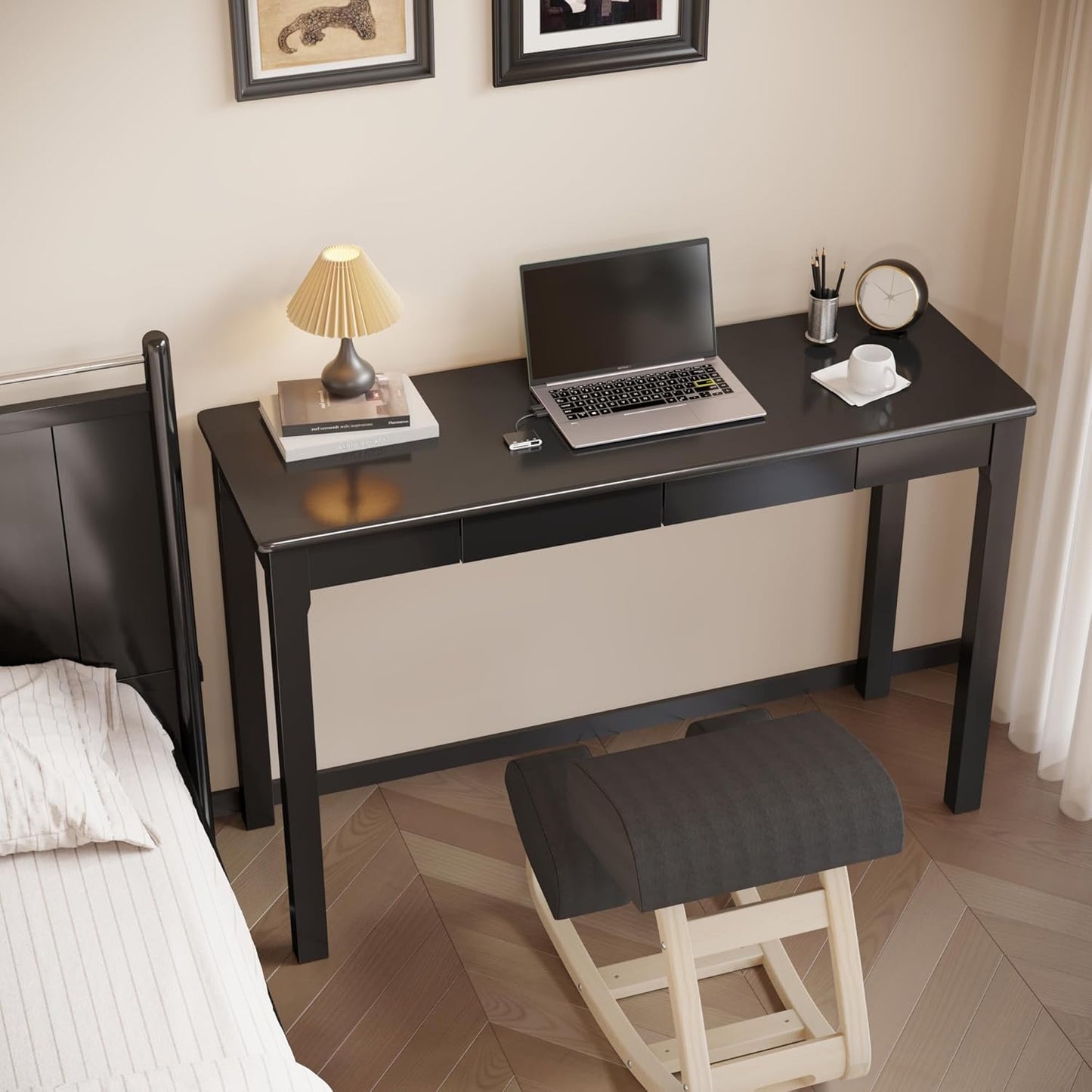 Solid Wood Desk with Drawers - 47 x 16 Inch Modern Narrow Desks, Rubber Wood Study Table, Small Writing Desk for Small Spaces|Bedroom - Black Desks