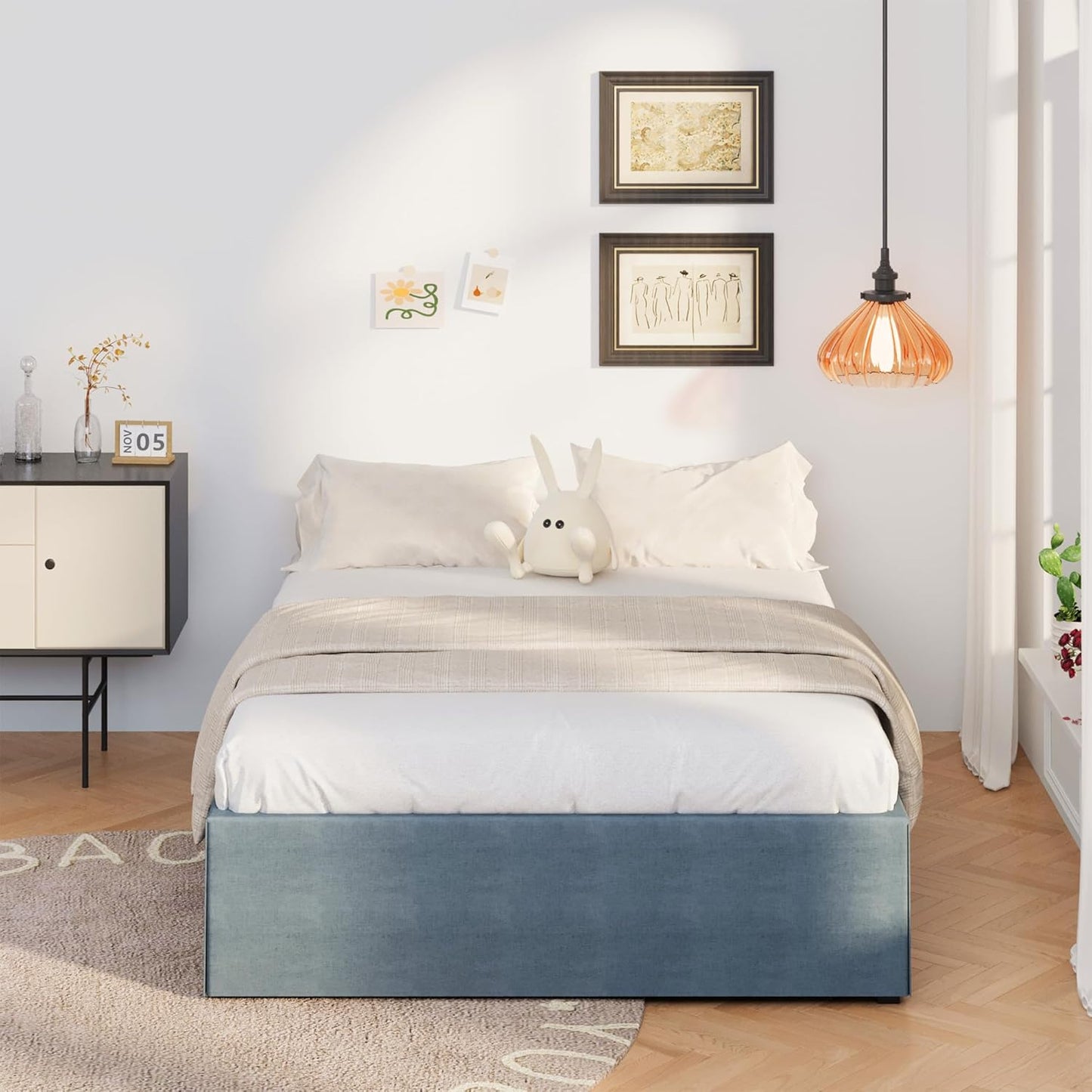 16 Inch Bed Frame Queen Size with Fabric Cover, Metal Platform Queen Bed Frame with Storage No Box Spring Needed, Heavy Duty Non-Slip, Easy Assembly Mattress Foundation