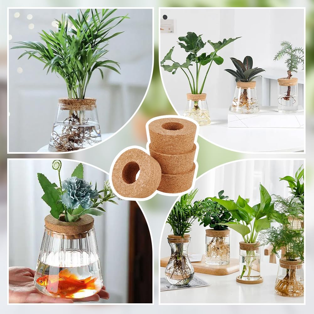 OLYCRAFT 4 Pack Cork Lids for Glass Planters 2.3~2.6 Inch Hydroponic Lids 1.2 Inch Thick Terrarium Cork Covers with 1.2 Inch Hole Natural Cork Stoppers for Hydroponic Plant Propagation Growing Vases