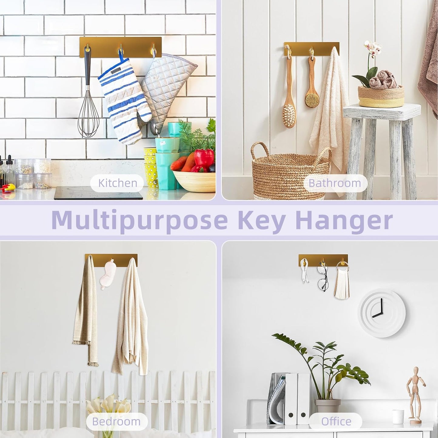 VIS'V Key Holder Wall Mount, Small Metal Self Adhesive Key Hanger with 3 Hooks, No Drilling, Extra Adhesive Strip, Gold