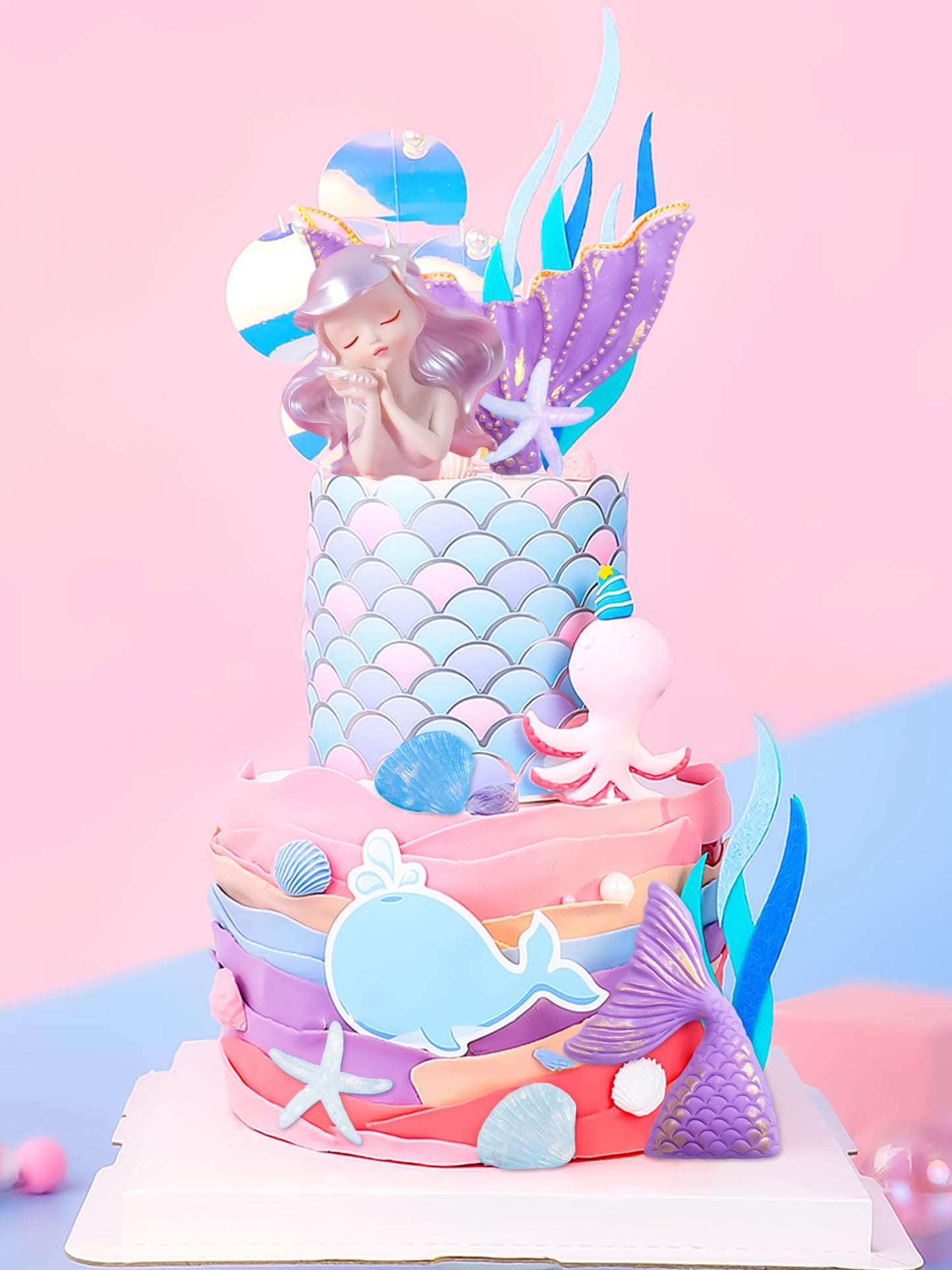 JeVenis Purple Little Mermaid Cake Topper Under the Sea Cake Decoration Seashell Cake Topper Mermaid Tail Party Supplies Sea Star Cake Decor