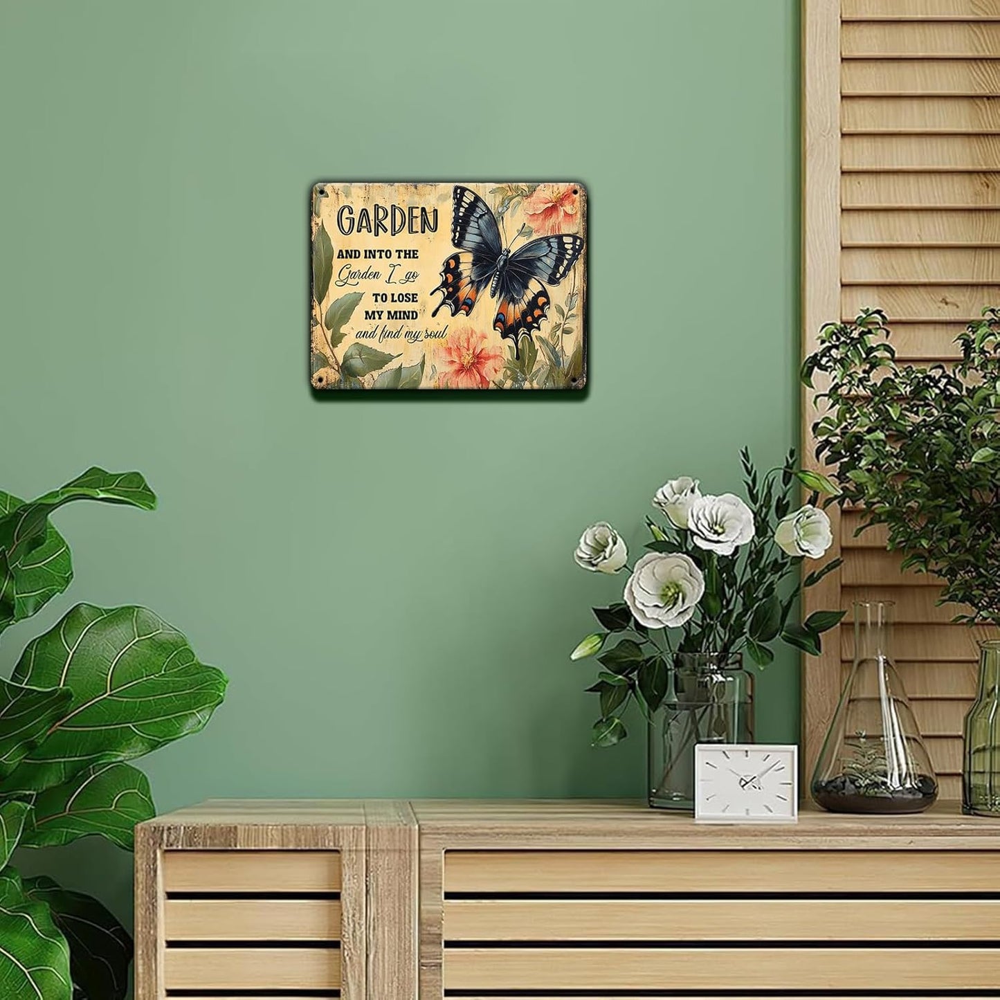 Funny Garden Metal Sign And Into The Garden I Go To Lose My Mind and Find My Soul Butterfly Poster for Farmhouse Home Kitchen 8x12 Inch