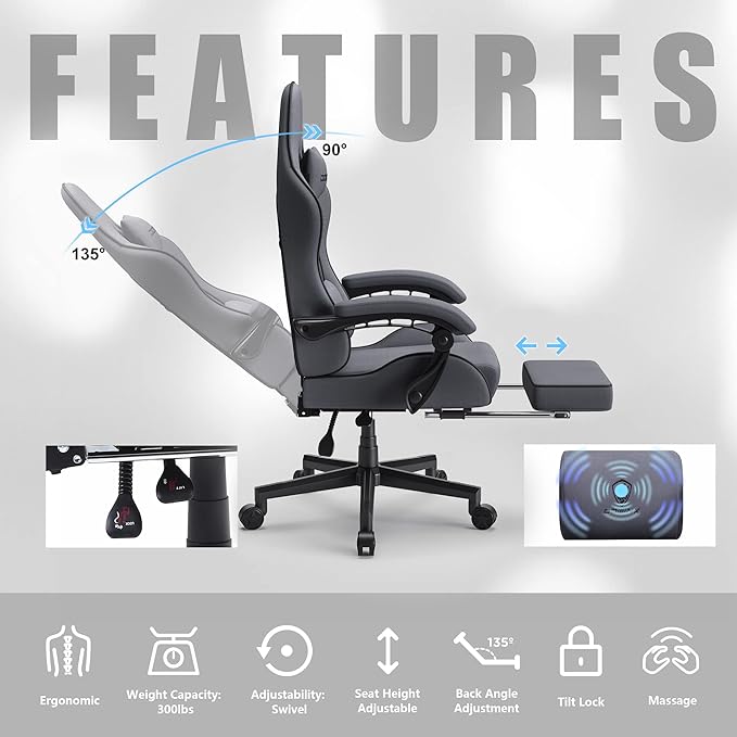 Dowinx Gaming Chair with Pocket Spring Cushion, Computer Office Game Chair, Linkage Armrests and Footrest, High Back Ergonomic Computer Chair with Lumbar Support Task Chair with Footrest(Grey)