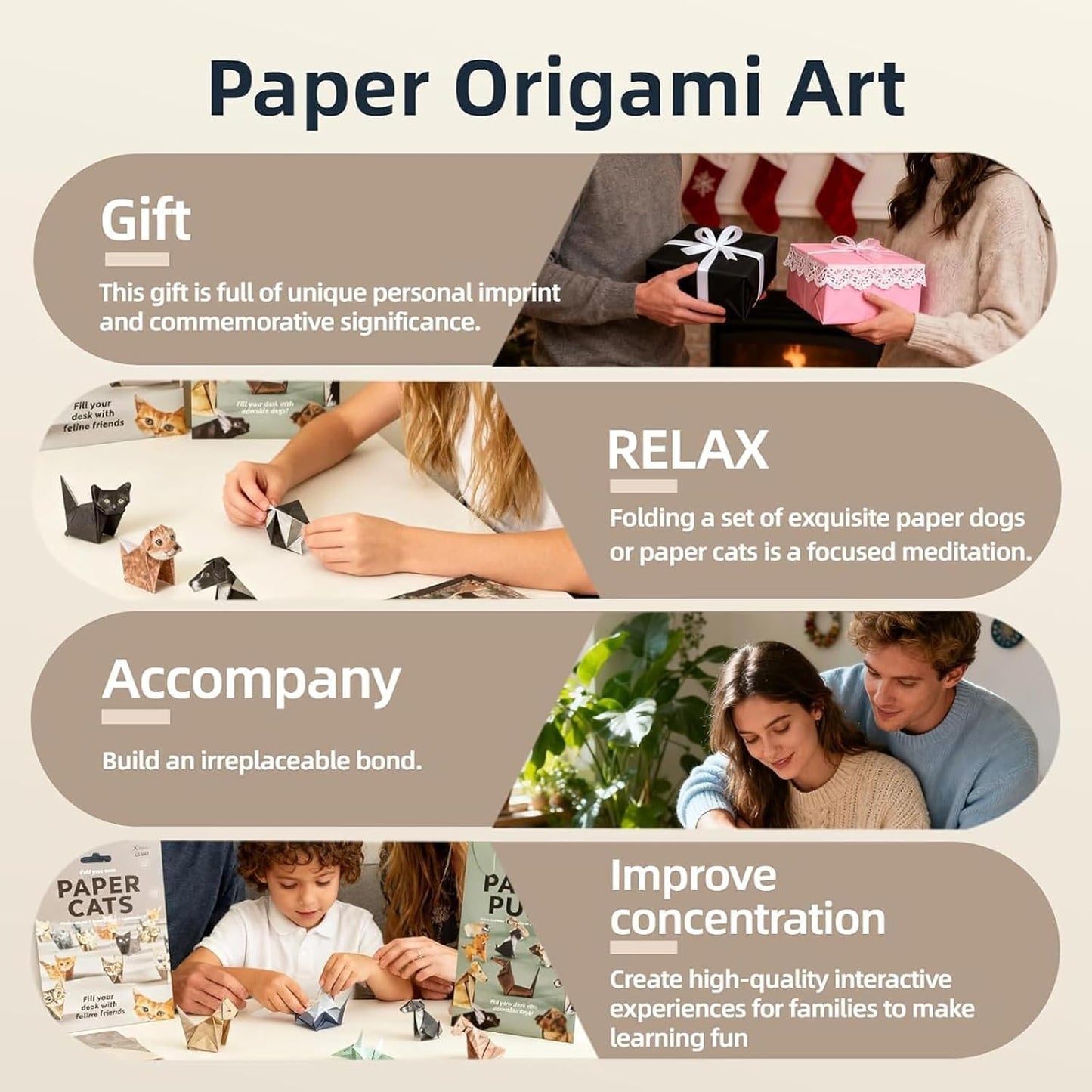 DIY Paper Cat Origami Kit - 50 Sheets DIY Origami Paper to Fold 3D Cute Cats Figures, Desk Decoration Handmade Paper Craft Kit Decoration & Gift for Pet Lovers (Cat 50pcs)
