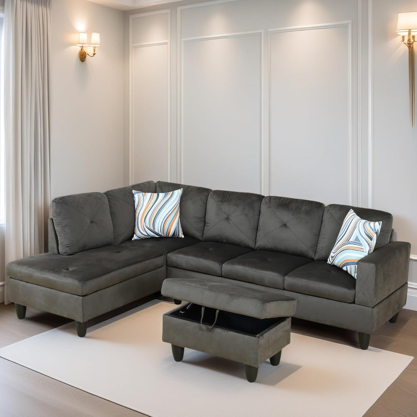 L Shaped Sectional Couch Sofa, Modern Couches for Living Room, Comfy 4 Seat Modular Sectional Sofa with Ottoman Storage for Bedroom Apartment, Coffee