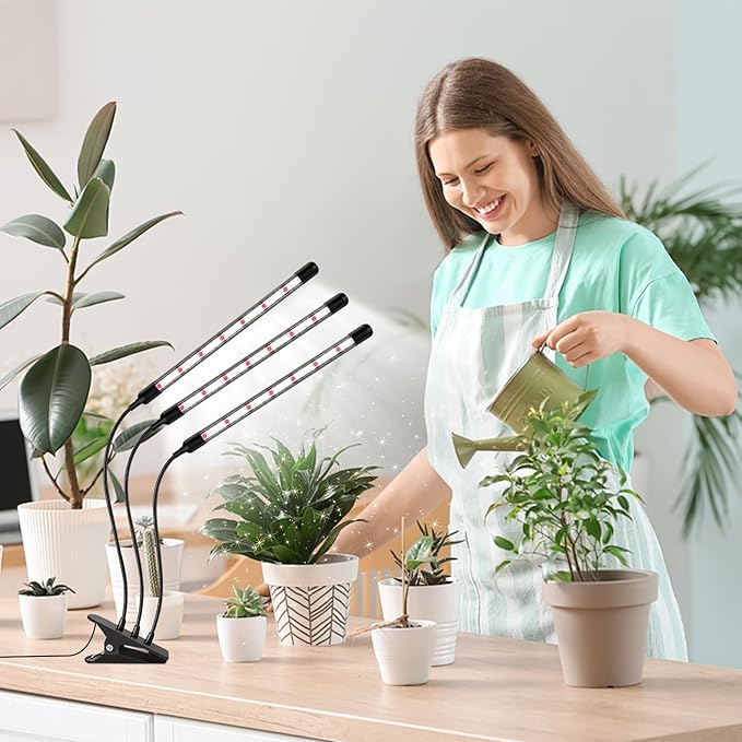 3 Head Grow Lights for Seed Starting, 6000K Full Spectrum Grow Lights for Indoor Plants with 6/12/18H Auto Timer, 5 Dimmable Level Plant Light, Plant Lamp Clip-on Desk for Indoor Plant Growing