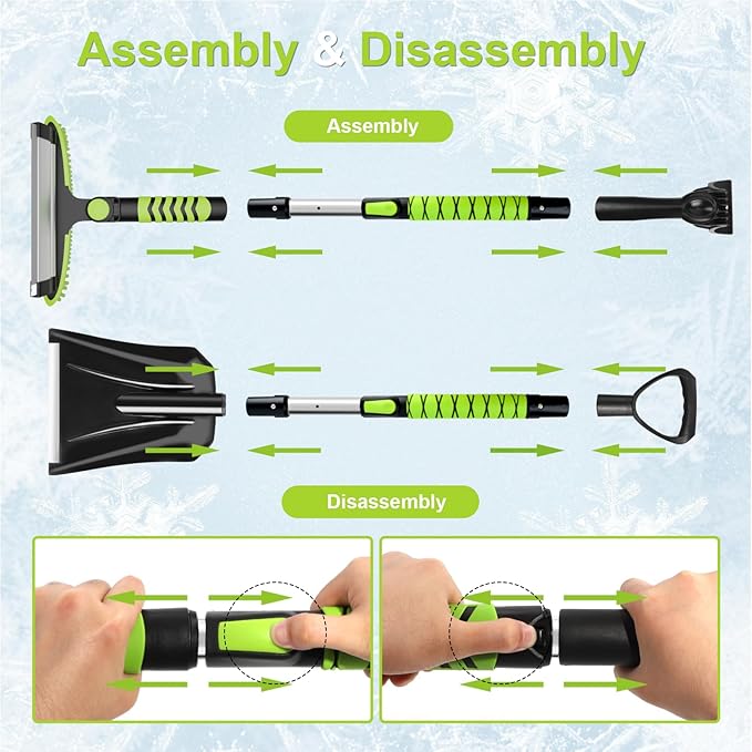 YOUGFIN 4 in 1 Ice Scraper & Snow Brush & Snow Shovel for Home Car, 43" Extendable Window Ice Removal with Squeegee for Windshield, Heavy Duty Snow Cleaner with Foam Grip & 180° Rotating Head for Auto