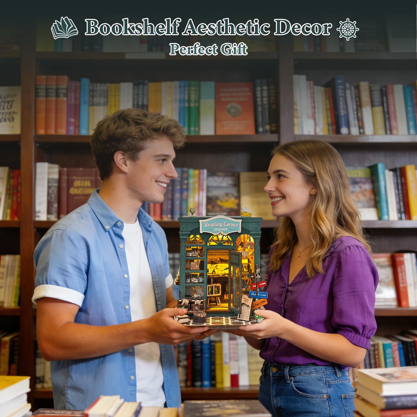 DIY Miniature Dollhouse Book Nook Kit β Reading Corner Bookshop Bookshelf Insert with LED Lights, Tiny House Model for Adults & Teens, Booknook Library Home Decor & Gift Idea for Family and Friends