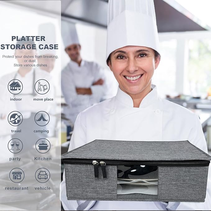 Platter Storage Case - Plate Storage Containers with PVC Windows,16.5“x12.6x5.5'', Stackable China Storage Containers Hard Shell,4 Felt Dividers Included for Dish,Plate, Dinnerware and Transport(Gray)