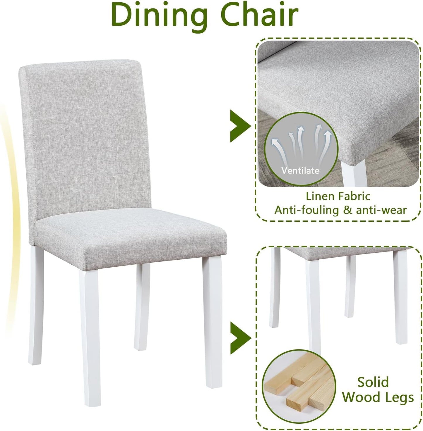 KEIKI 5-Piece Standard Height Dining Table Set with Square Table and 4 Upholstered Chair, for 4 Person, Modern Style Crystal Decoration Wood Table Set, Easy Assembly, for Kitchen, Dining Room, White