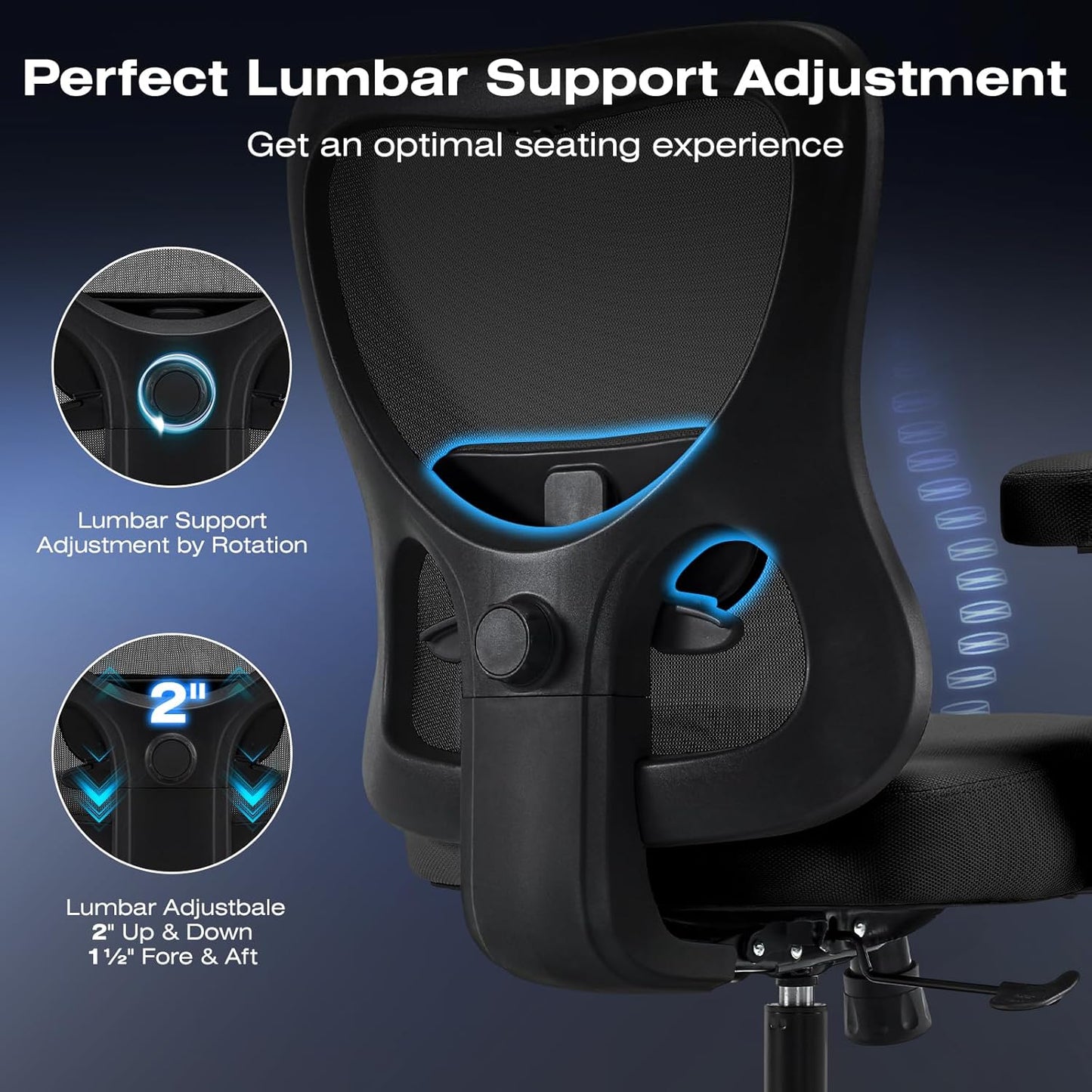 Big and Wide Office Chair 500lbs,Ergonomic Desk Chair with 4 Way Adjustable Lumbar Support, Thicker Seat Cushion, 2D Armrest, Rocking Function, Stable Comfy Computer Mesh Chairs, Black