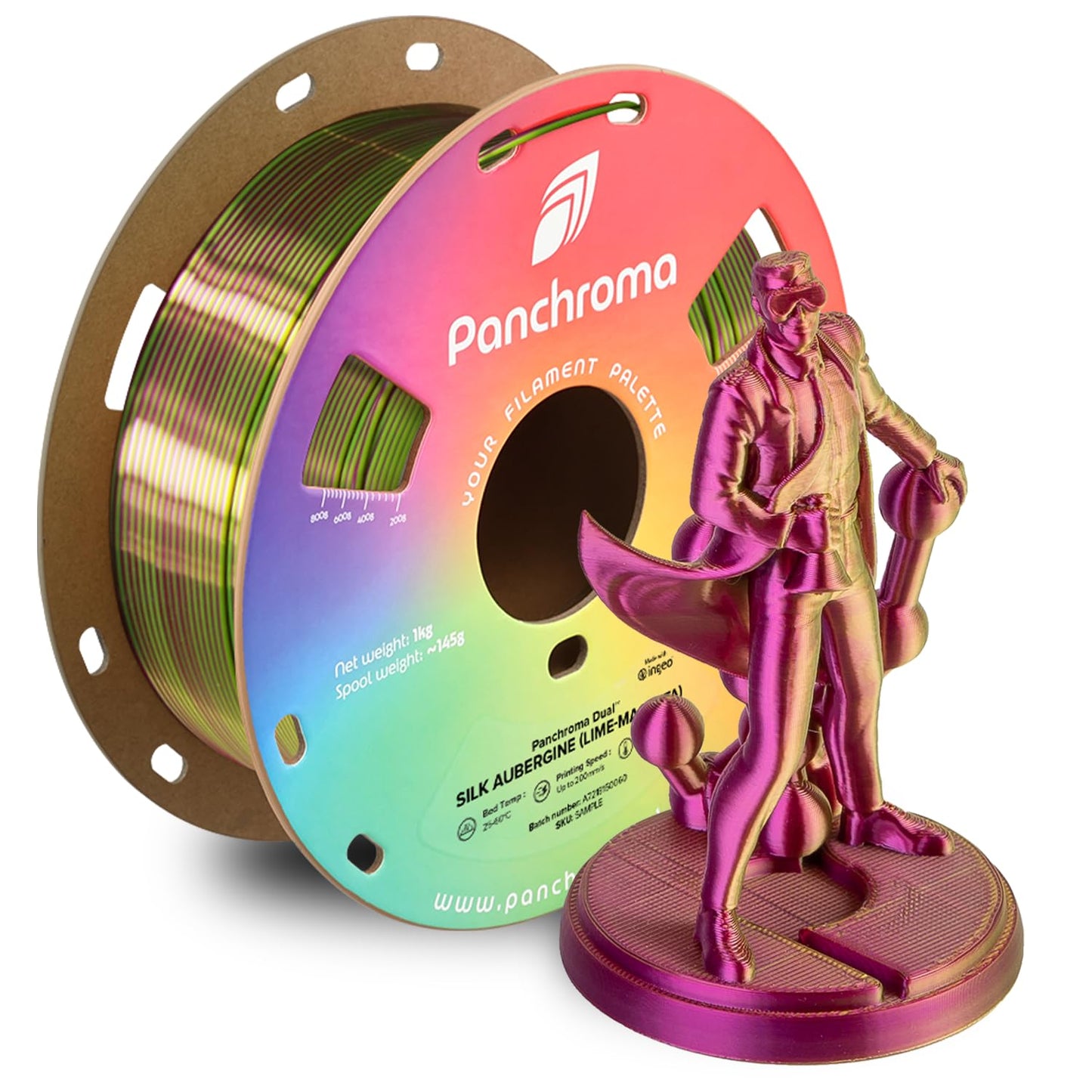 Polymaker Panchroma Dual Silk PLA 3D Printing Filament, 1.75mm 1kg, Silk Aubergine (Lime-Magenta), New and Improved Formula, Bet