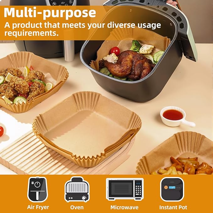 HONYAO Air Fryer Paper Liners 10 inch XXXL for 8-12 Qt Airfryer, 200pcs inch Square Thickened Disposable