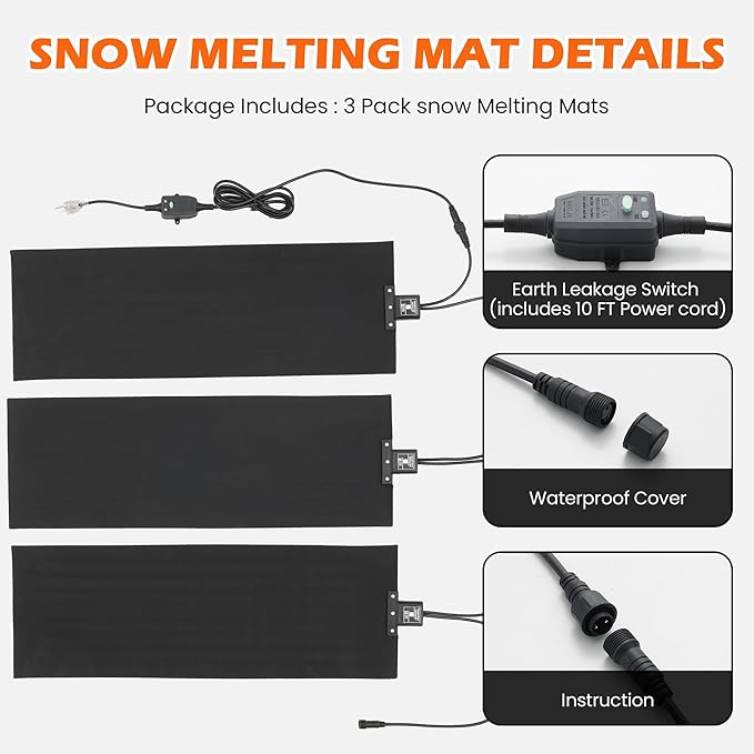 HOMREST 3PCS Heated Snow Melting Walkway Mat,10" x 30" Heated Floor Mat with 10 Feet Long Power Cord,2 in/h Speed No-Slip Snow and Ice Melt with 1 Plug for Snow Removal,Winter Outdoor Steps,Doorways
