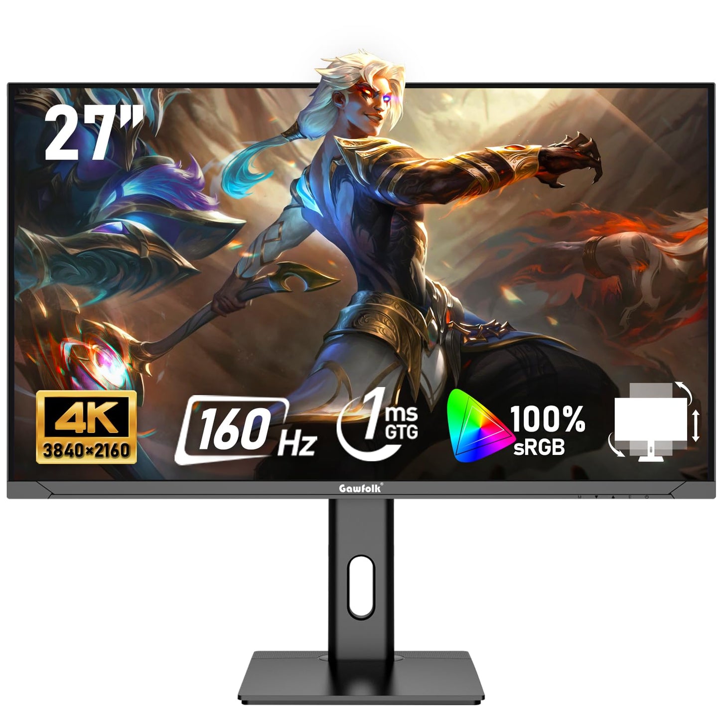 Gawfolk 27 inch IPS PC Screen, 4K Gaming Monitor 160Hz, 1ms, FreeSync, 100% sRGB, 178 Wide Viewing Angle, HDMI 2.1, DisplayPort,