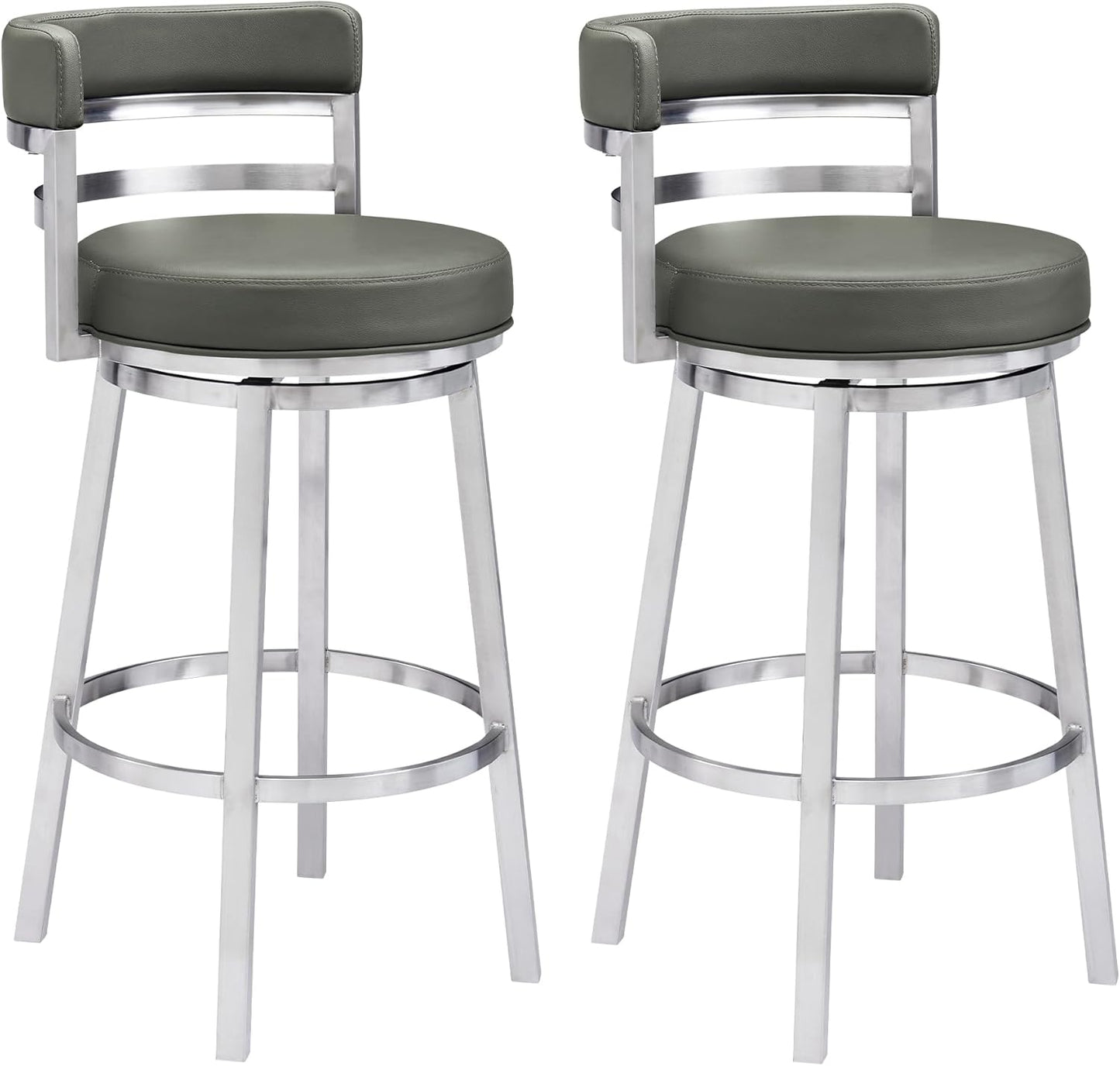 Armen Living Madrid 30" Bar Height Swivel Modern Grey Faux Leather and Brushed Stainless Steel Bar Stool for Kitchen Island Counter, Set of 2