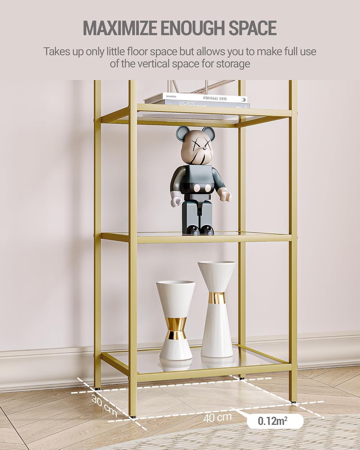 Bookcase Bookshelf, Tempered Glass Bookshelves, Slim Shelving Unit for Bedroom, Bathroom, Home Office, Steel Frame, 4 Tier Gold BC04001G