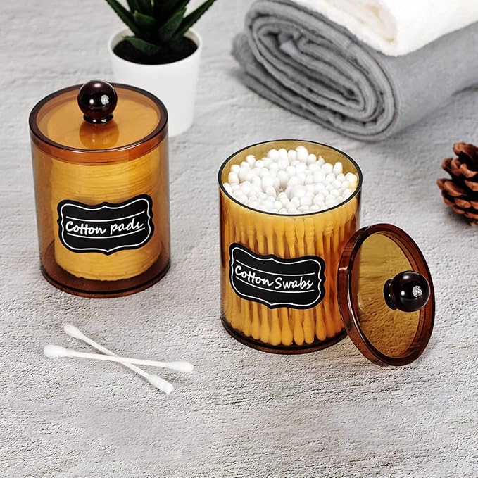 SheeChung 4 Pack Plastic Acrylic Bathroom Vanity Countertop Canister Jars with Storage Lid, Apothecary Jars Qtip Holder Makeup Organizer for Cotton Balls,Swabs,Pads,Bath Salts (Amber)