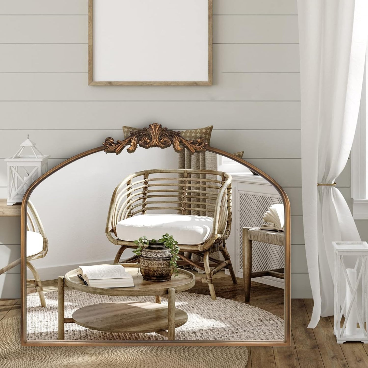 Gold Wall Mirror, Large Arched Vintage Baroque Ornate Mirrors, Traditional Decorative Antique Brass Mirror for Entryway Table, Living Room, Bedroom, Bathroom Vanity, Fireplace (30” x 36”)