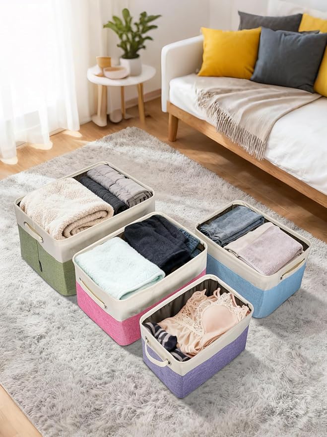 BALEINE 3 Pack Fabric Storage Bins for Shelves, Linen Storage Baskets for Organizing, Decorative Closet Bins for Clothes, Home (Grey, 17''x13''x10.5'')