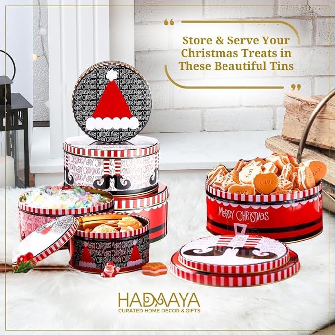 Pack of 6 Round Christmas Cookie Tins with Lids for Gift Giving, Metal Holiday Storage Container, Merry Christmas HAT ELF Design, Perfect Christmas Tins for Gifting