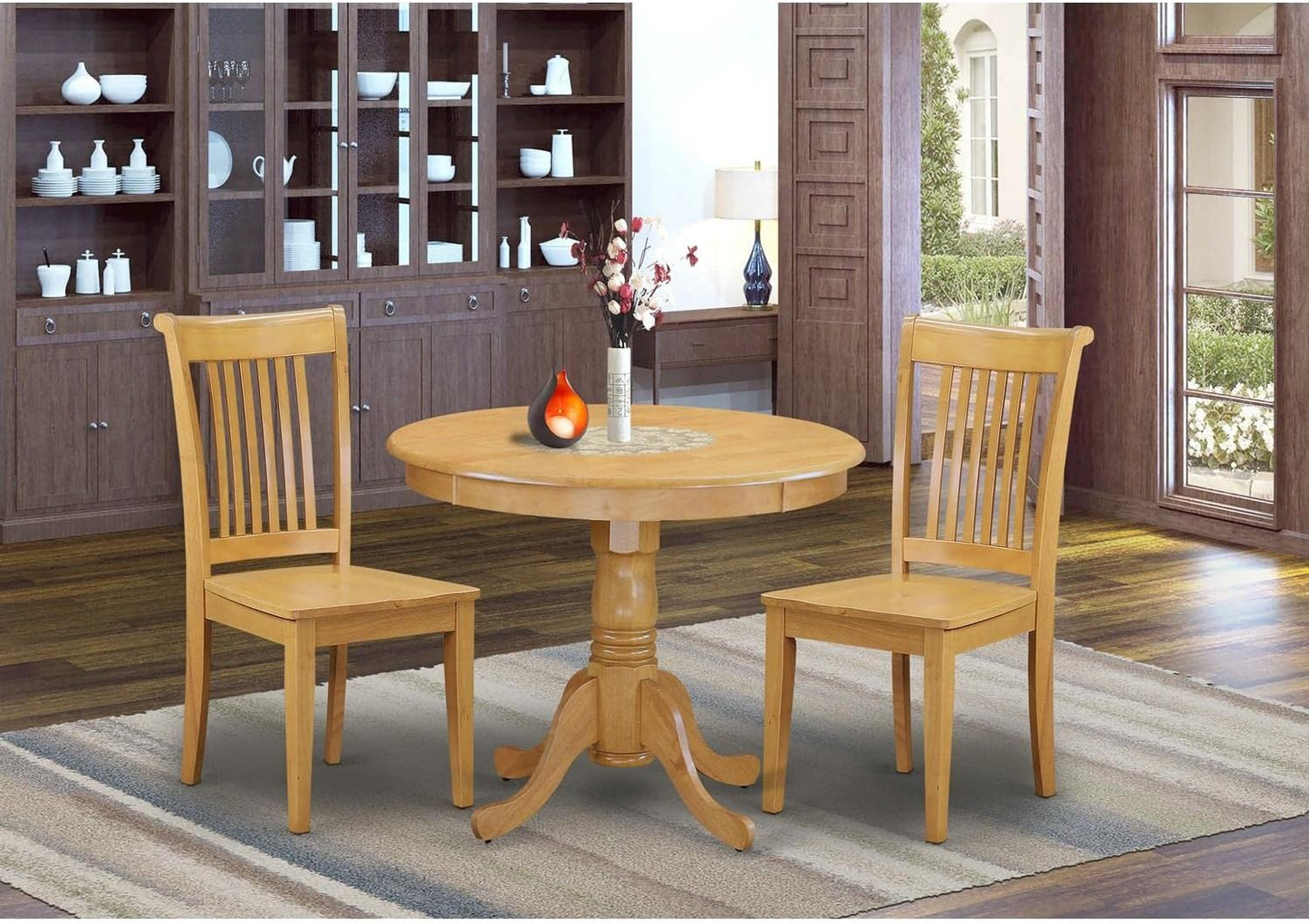 East West Furniture ANPO3-OAK-W 3 Piece Dinette Set for Small Spaces Contains a Round Kitchen Table with Pedestal and 2 Dining Room Chairs, 36x36 Inch, Oak