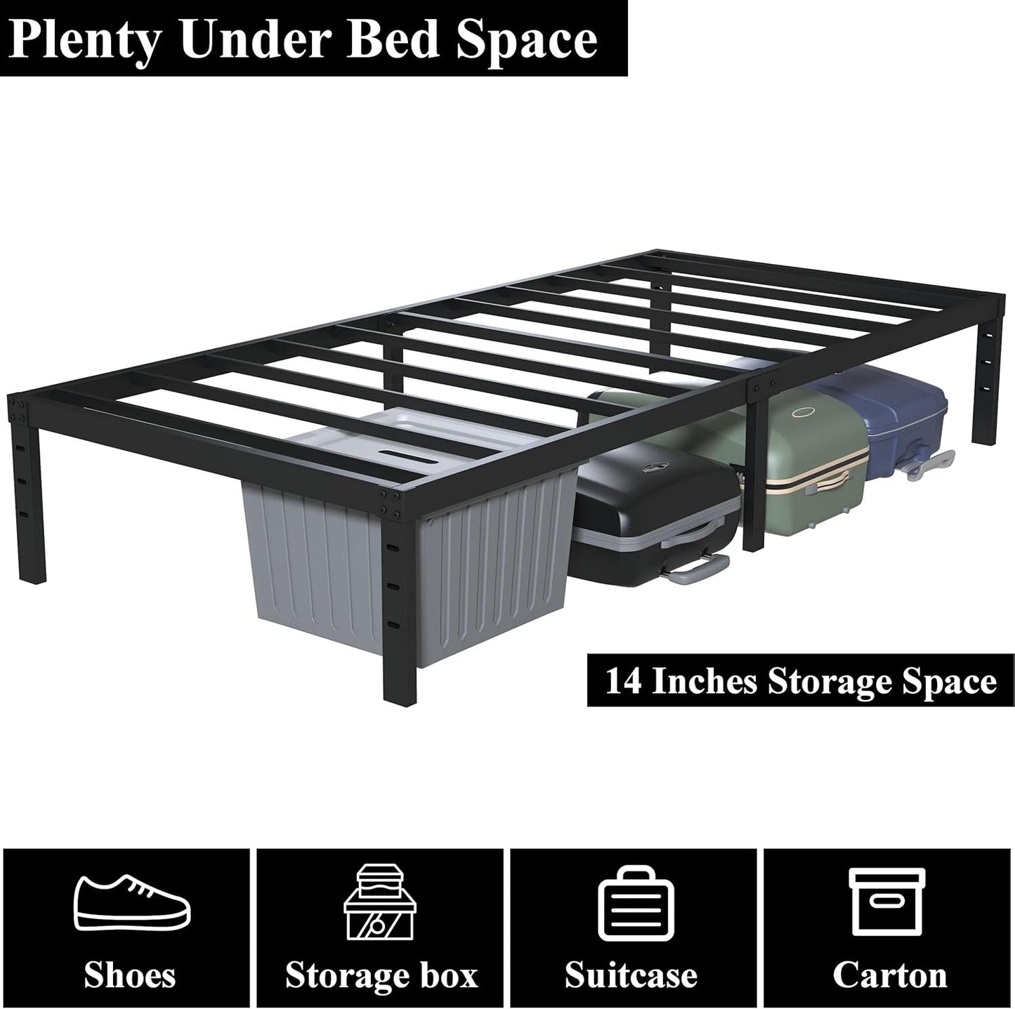 16 Inch Narrow Twin Bed Frame 30x75 No Box Spring Needed, Metal Platform 75x30 Narrow Twin Bed Frames, Eassy Assembly 3,500 lbs Heavy Duty Bedframes, Black