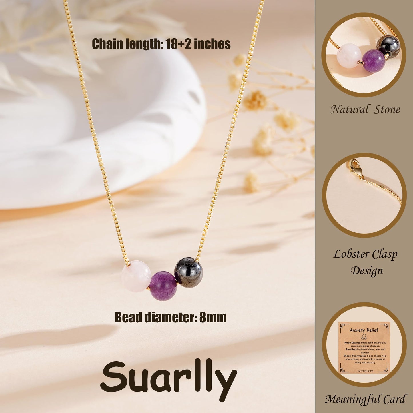 Suarlly Natural Crystal Necklace 16th Birthday Gifts Rose Quartz Moonstone Aquamarine Healing Stones Meaningful Gifts For Daughter Granddaughter Jewelry