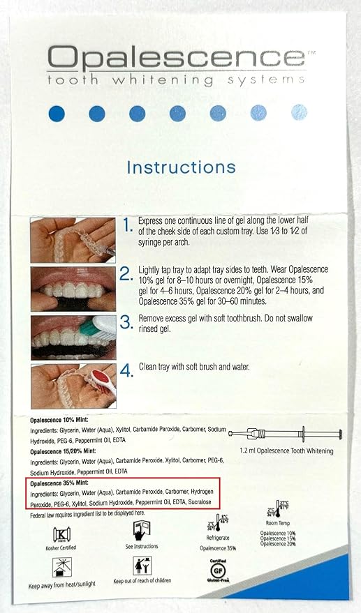 Opalescence 35% Gel Syringes Teeth Whitening - Refill Kit (8 Count) Carbamide Peroxide. Made by Ultradent, in Cool Mint Flavor. Tooth Whitening Refill Syringes 5197-4
