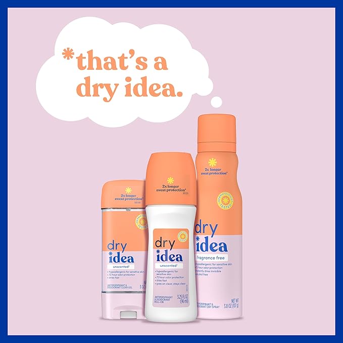 Dry Idea Roll-On Deodorant & Antiperspirant | 2X Longer Sweat Protection | 72-Hour Odor Protection | Unscented & Hypoallergenic for Sensitive Skin, 3.25 oz. (Pack of 2)