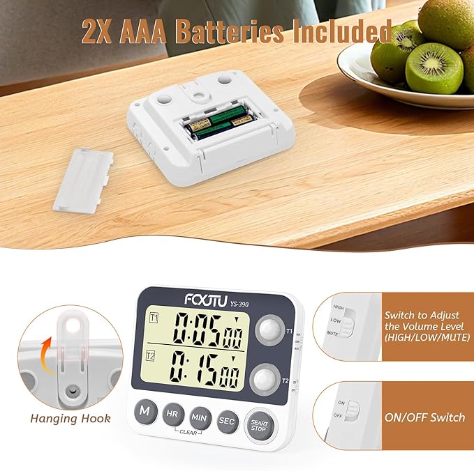 Digital Dual Kitchen Timer with Magnetic Back & Memory Presets, 2 Groups Countdown/Up Stopwatch Timer, 3-Level Volume + LED Alert, On/Off, 100Hr Max for Cooking, Baking (Battery Included)