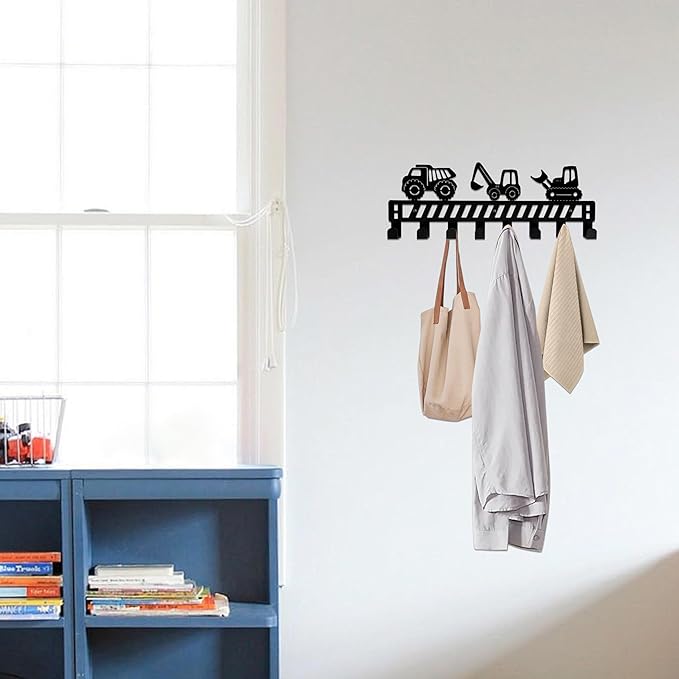 Construction Vehicle Over The Door Hooks - 8 Hook Organizer for Toddler Boys' Rooms, Bathroom & Nursery Decor, Toddler Bedroom & Nursery with Truck Design, Wall Mountable Heavy-Duty Metal Wall Hooks