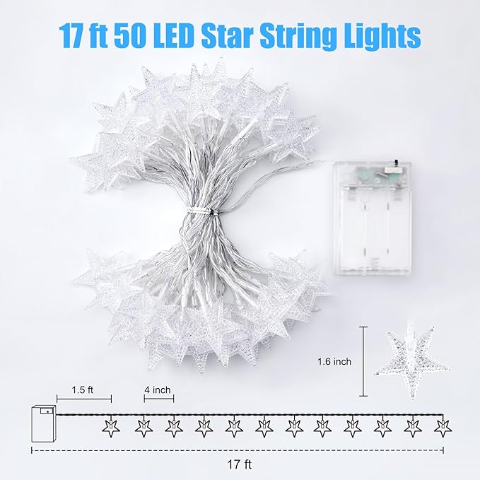 Minetom Star String Lights Battery Operated - 17 ft 50 LED Star Fairy String Lights with Timer, Waterproof for Indoor Bedroom Tent Loft Bed Patio Party Wedding Decor, White