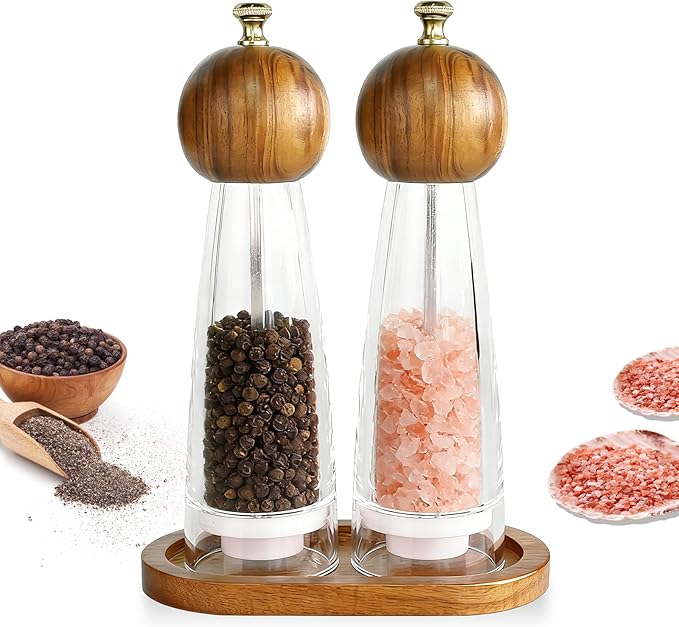 Acacia Wood & Acrylic Salt and Pepper Grinder Set with Base for Kitchen & Dining – 8-Inch Refillable Mills with Ceramic Core, Adjustable Coarseness,Gift for Cooking Enthusiasts