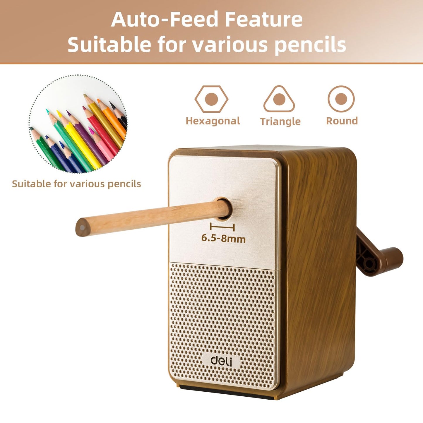 Deli Manual Pencil Sharpener - Auto-in Hand Crank with Adjustable Point for Colored Pencils, Kids, Students, Classroom, Home and Office, Brown