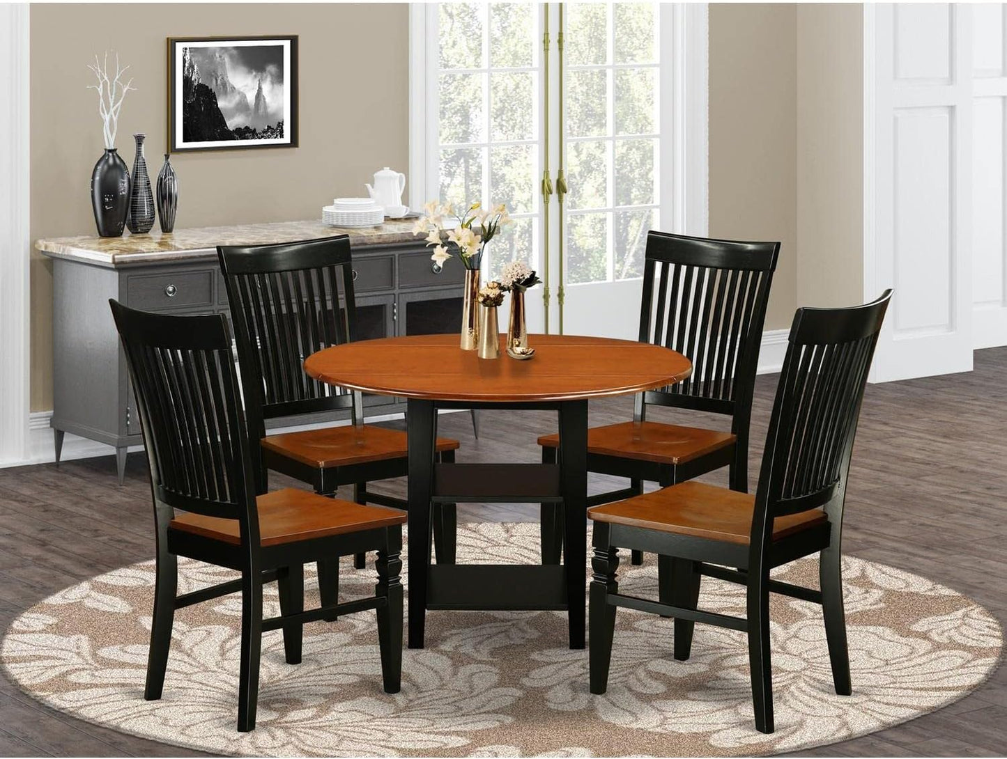 East West Furniture SUWE5-BCH-W 5 Piece Dining Set Includes a Round Dining Room Table with Dropleaf & Shelves and 4 Kitchen Chairs, 42x42 Inch, Black & Cherry