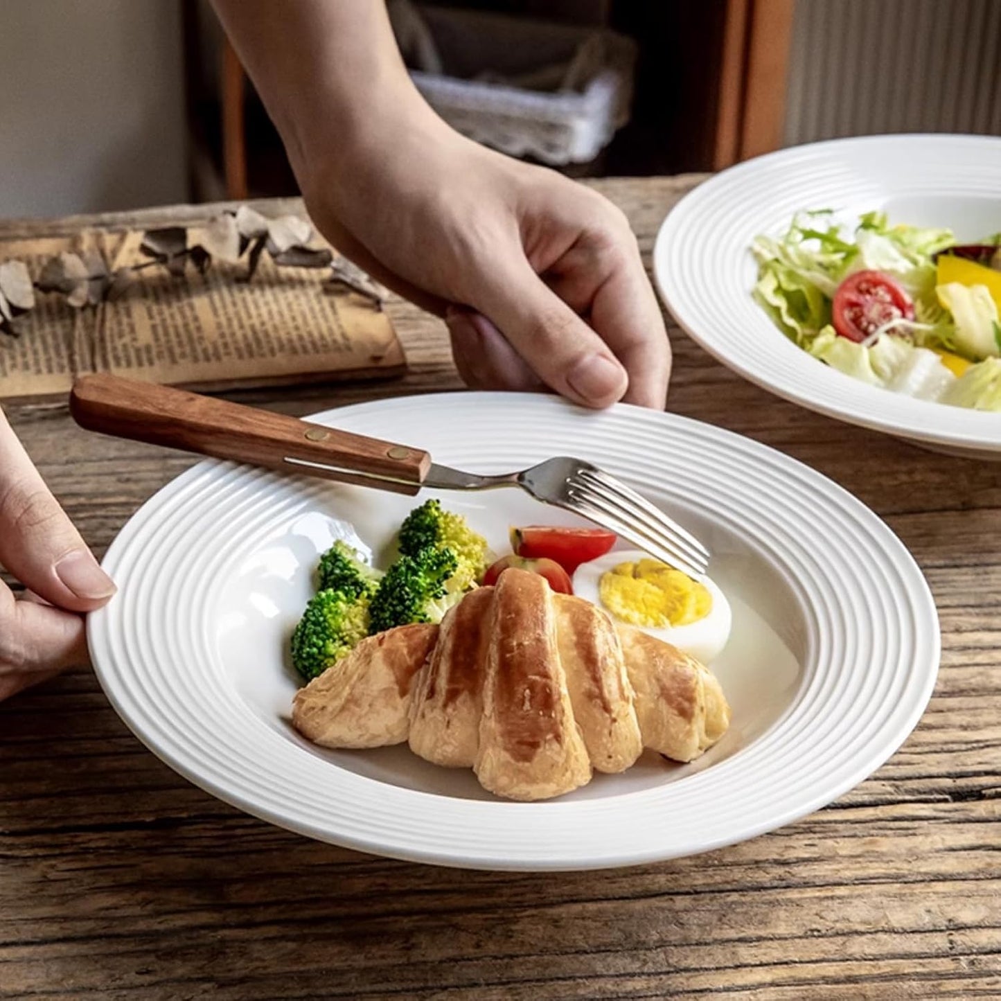 Pasta Bowls Plates Set of 6, 8.5inch Ceramic Plates tableware,Salad,Shallow Soup for Pasta, Soup, Microwave & Dishwasher Safe (6)