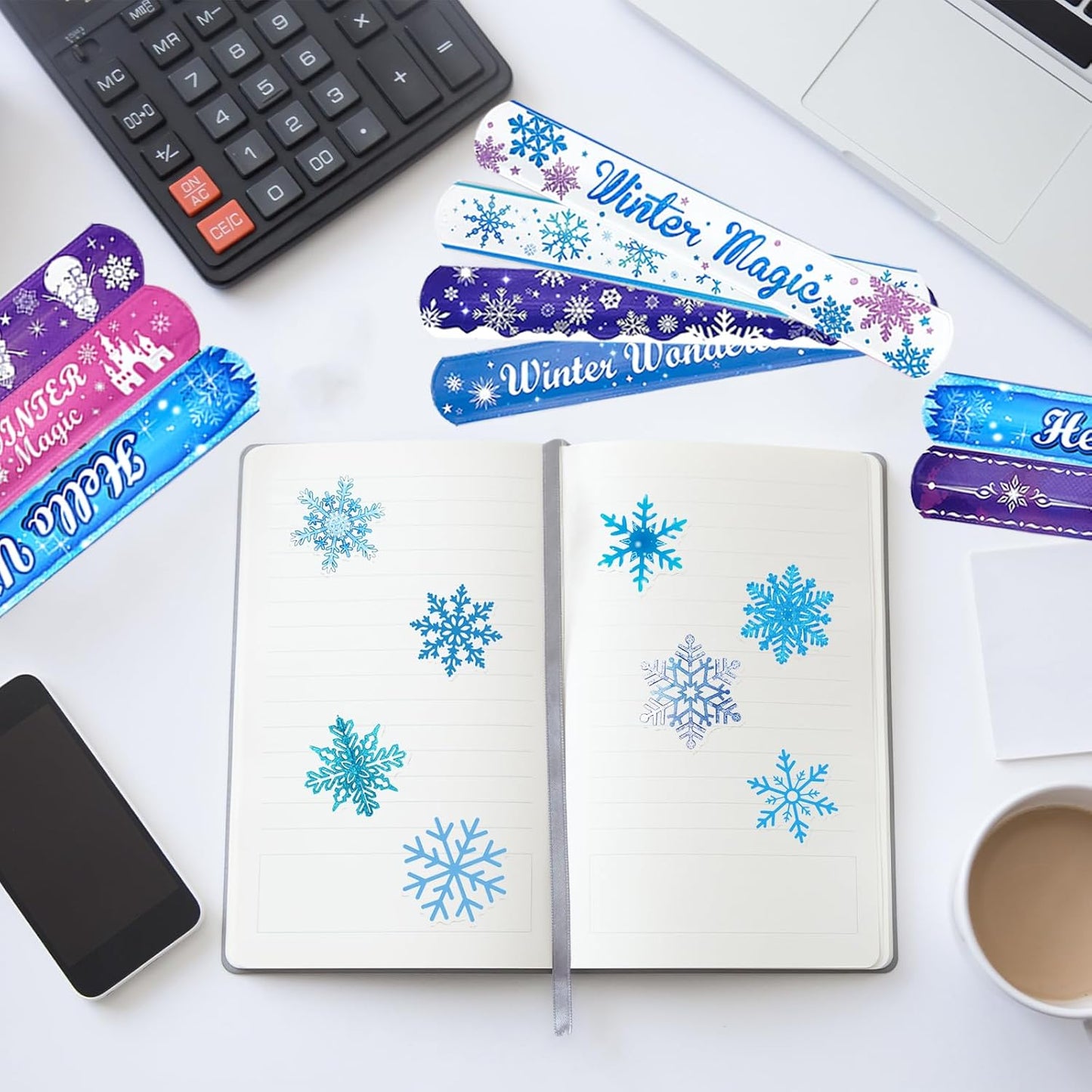 74Pcs Snowflake Theme Party Favors Contain 24 Pcs Snowflake Theme Slap Bracelets 50Pcs Snowflake Theme Stickers, Ice and Snow Theme Birthday Party Decorations,Classroom Rewards Supplies.