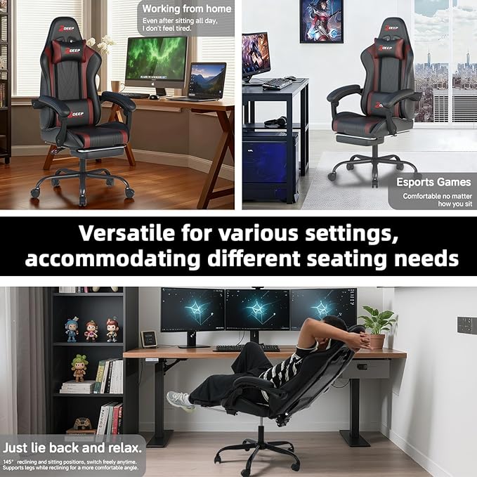 Ergonomic Gaming Chair with Footrest and Lumbar Massage, Racing Office Chair, High Back Computer Desk Chair with Headrest Pillow for Adults, Video Game Chair for PC Gamer (1001-Red)
