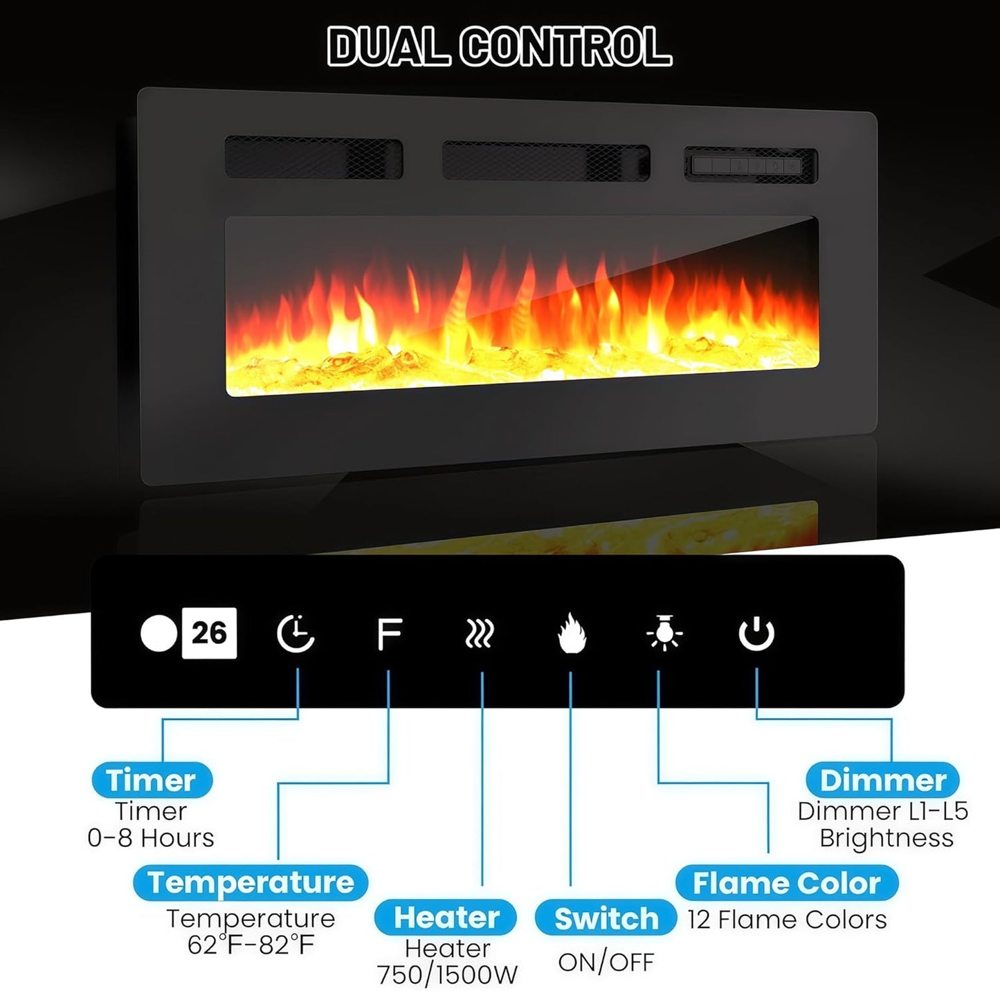 70" Fireplace TV Stand for TVs Up to 80", Entertainment Center with 36inch Fireplace, 12 Flame & LED Colors, 2-Tier TV Console & Storage Cabinet