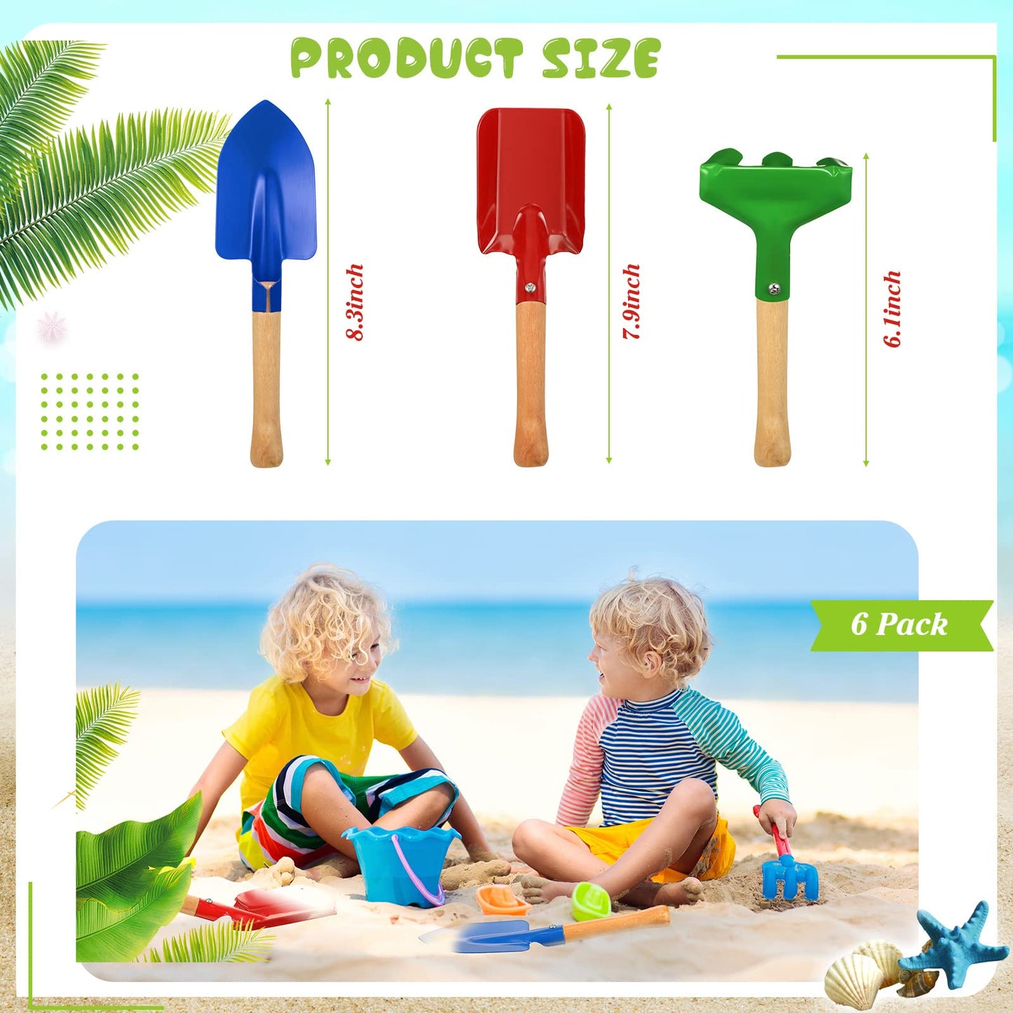 Tarpop 18 Pcs Kids Gardening Tools Set, Metal Kids Yard Tools with Sturdy Wooden Handle Safe Children Beach Sandbox Toy Sand Play Kit for Flower Soil Planting Loosening Digging, Trowel, Rake, Shovel
