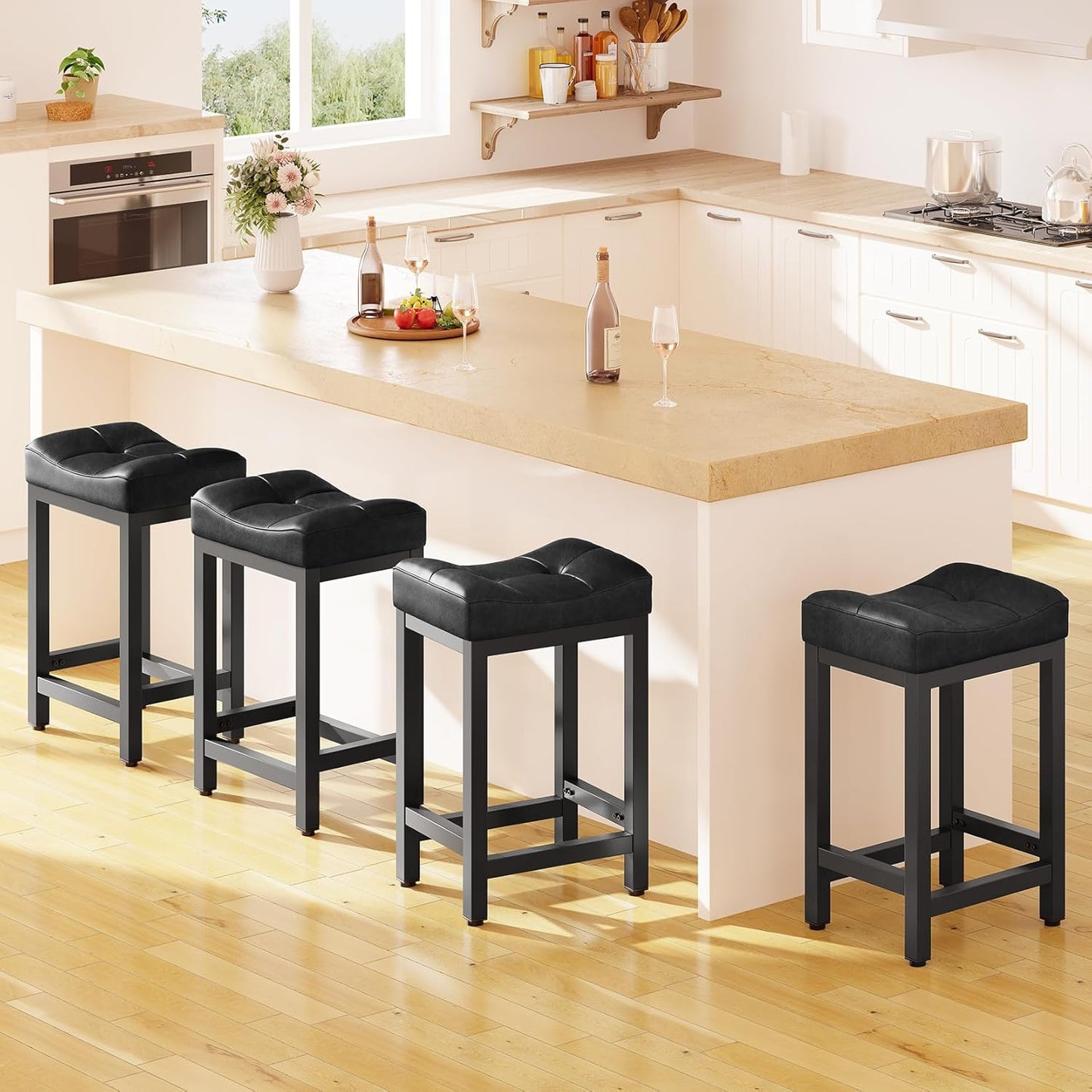 Dripex Backless Saddle Bar Stools Set of 3, Modern Faux Leather 24'' Counter Height Barstools with 4" Thick Seats & Heavy Duty Metal Legs, for Kitchen Island, Bar, Dining Room, Black