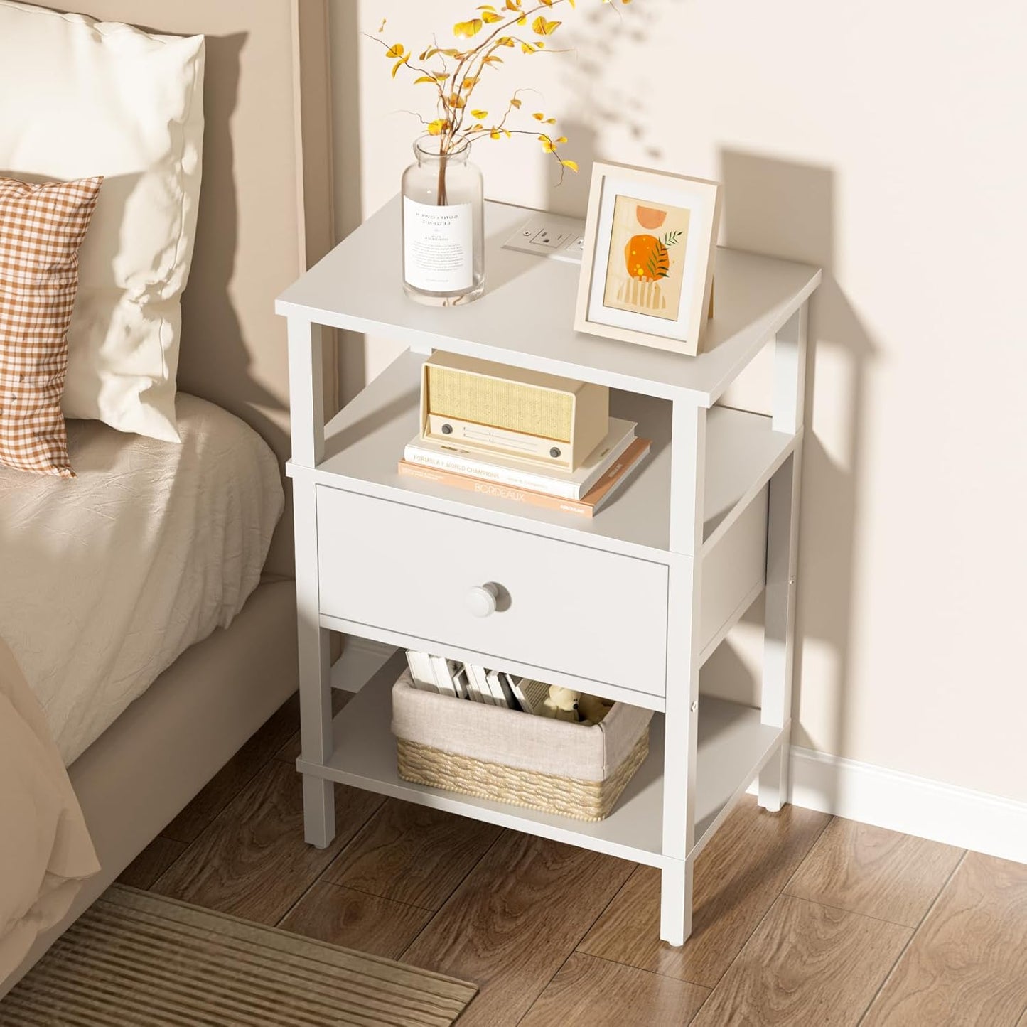Lerliuo Nightstand Set of 2 with Charging Station and USB Ports, 3-Tier Storage End Table with Drawer Shelf, Night Stand for Small Spaces, Wood Bedside Table for Living Room, Bedroom - Elegant White