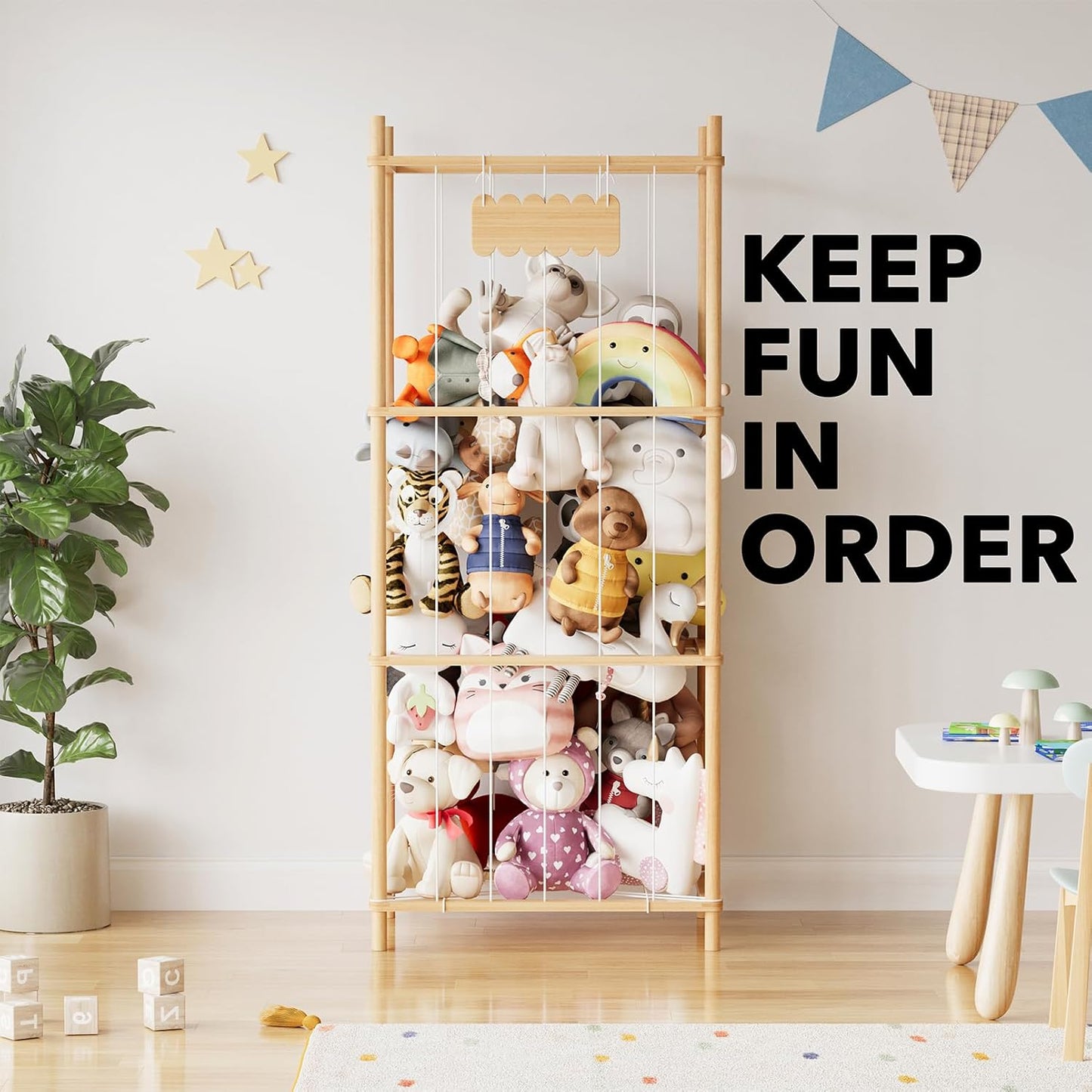 SpaceAid Stuffed Animal Storage Organizer, Wood Animals Zoo Toy Plushies Storage Holder, Large Capacity Plush Toy Cage for Playroom Organization, 22.8" Wide, Natural