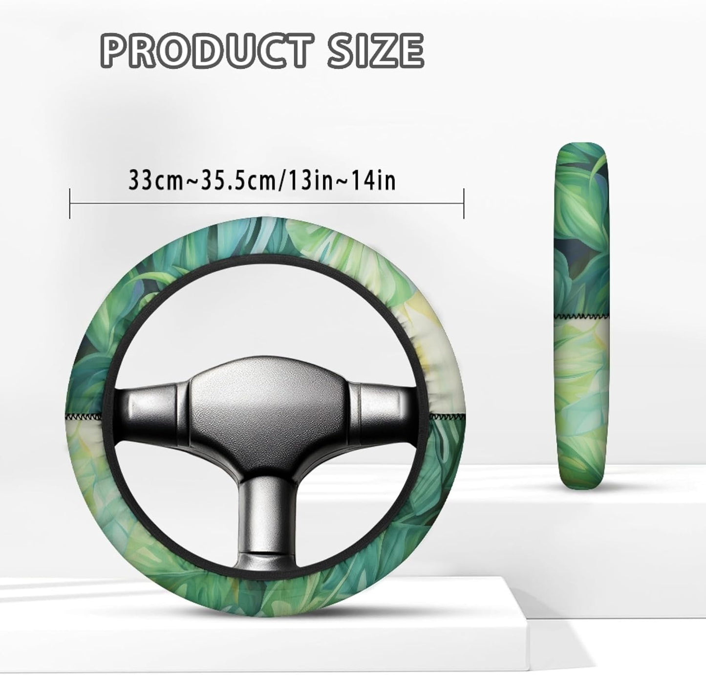 Tropical Leaves Golf Cart Steering Wheel Cover Universal Fit 14 Inch Green Polyester